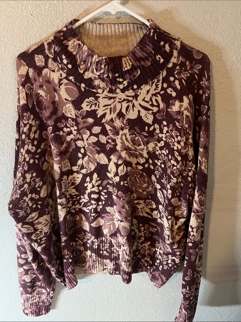LC Lauren Conrad Plum and Cream Floral Crewneck Sweater